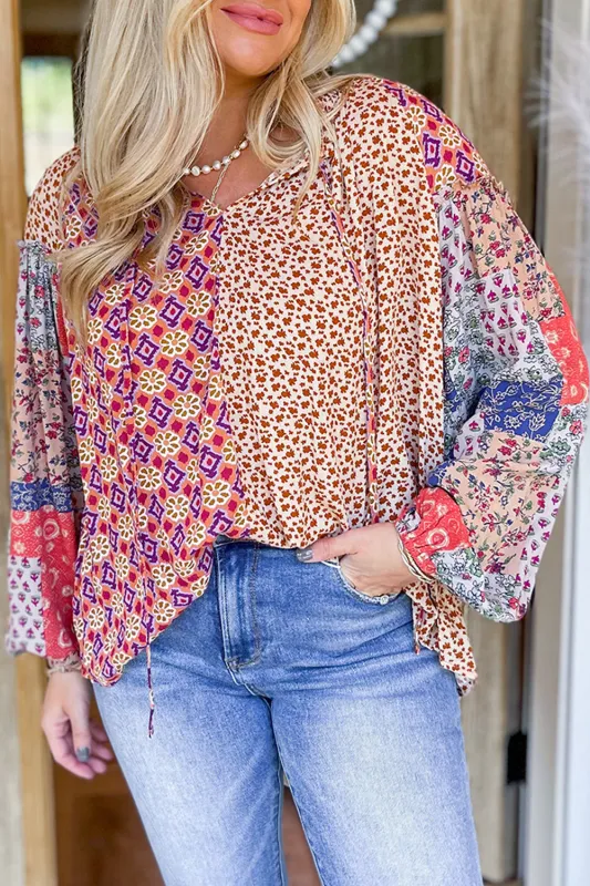 Orange Mixed Floral Printed Long Sleeve Tied V Neck Blouse sold by eAura