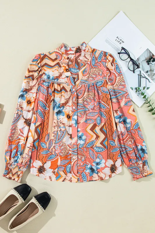 Orange Floral Print Shirred Cuff Buttoned Loose Shirt sold by eAura