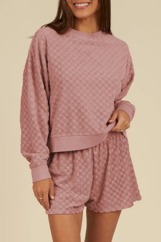 Blossom Checkered Textured Long Sleeve Top and Shorts Set sold by eAura