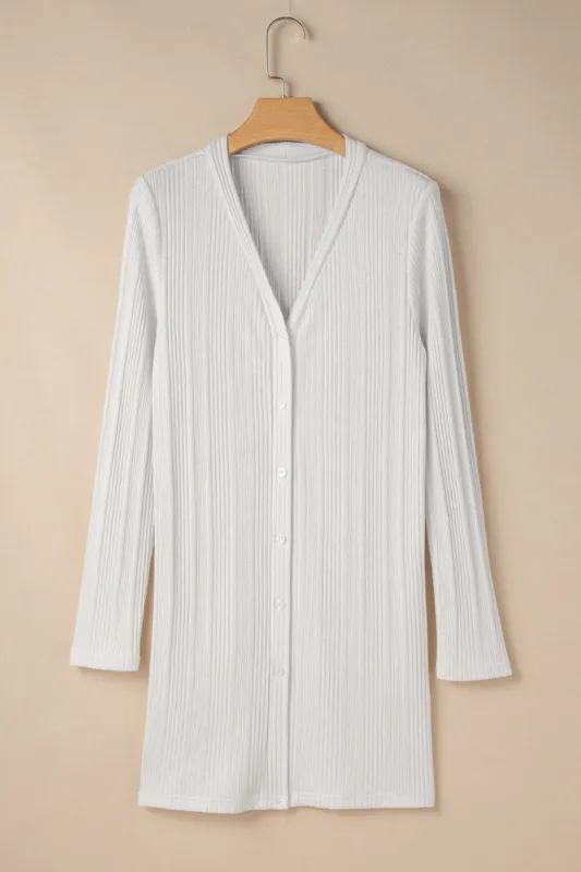 White Solid Colour Ribbed Button up Tunic Cardigan sold by eAura