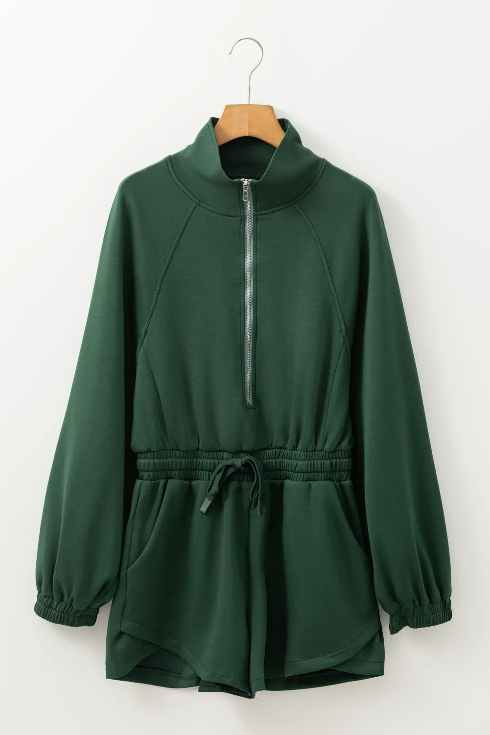 Blackish Green Collared Half Zip French Terry Knit Drawstring Casual Romper sold by eAura product image thumbnail 3