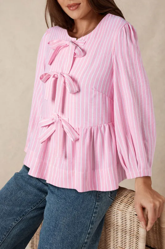 Pink Stripe Bowknot Front Crew Neck Puff Sleeve Blouse sold by eAura