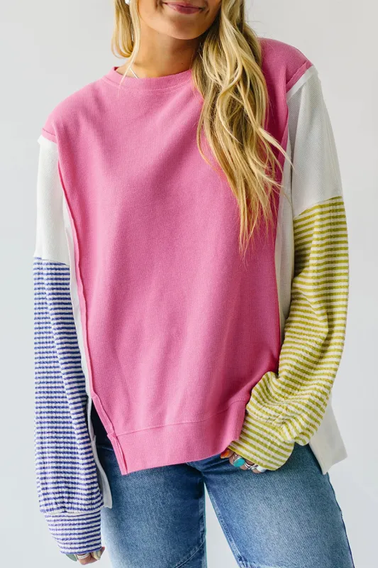 Sachet Pink Exposed Seam Striped Colour Block Patchwork Long Sleeve Top made by eAura