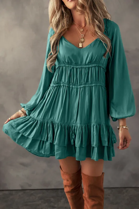 Mist Green Tiered Ruffled Puff Sleeve Loose Fit Mini Dress sold by eAura