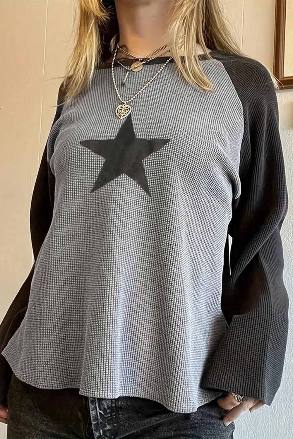 High Waffle Knit Colourblock Star Patch Graphic Raglan Top sold by eAura product image thumbnail 3
