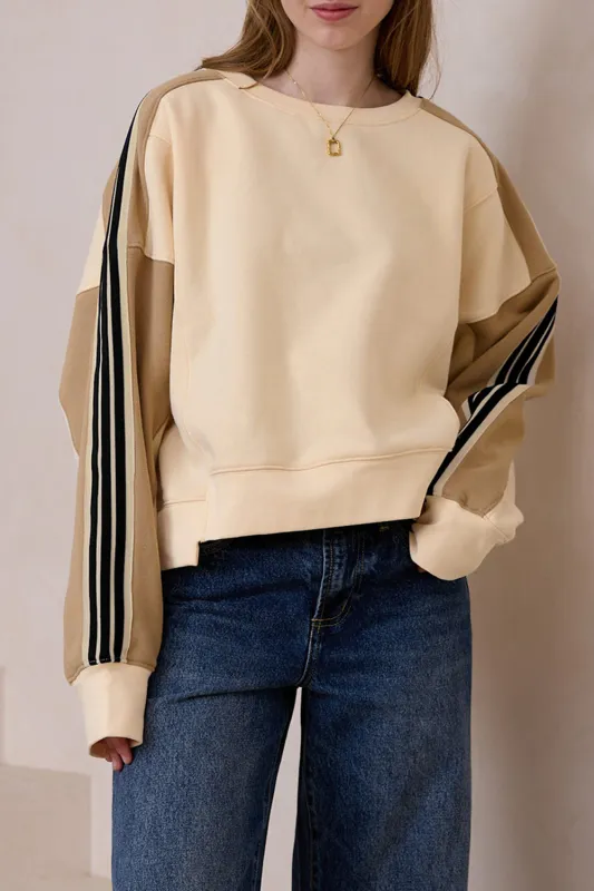 Beige Contrast Striped Patchwork Drop Shoulder Loose Sweatshirt made by eAura