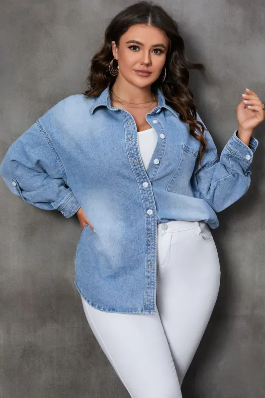 Sky Blue Plus Size Chest Pocket Button-Up Denim Shacket sold by eAura
