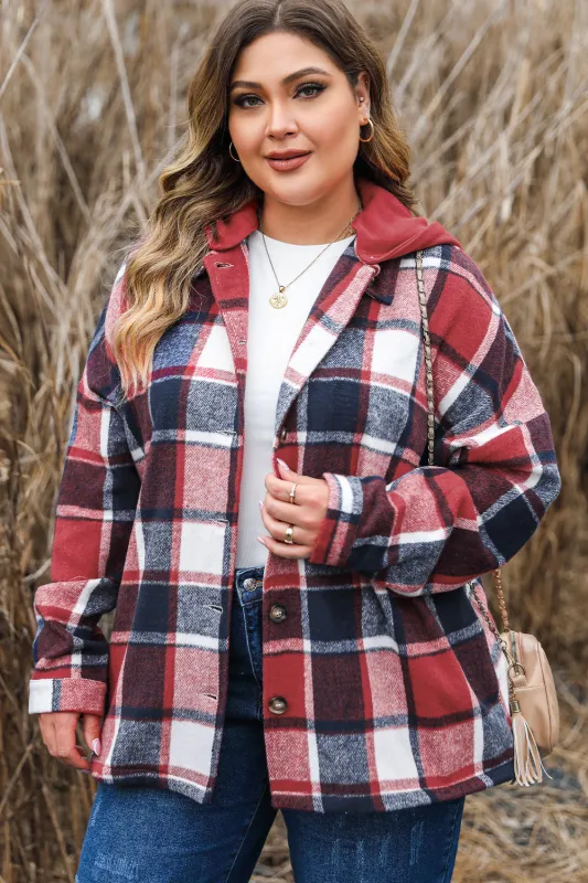 Red Printed Plus Size Plaid Button up Hooded Jacket sold by eAura
