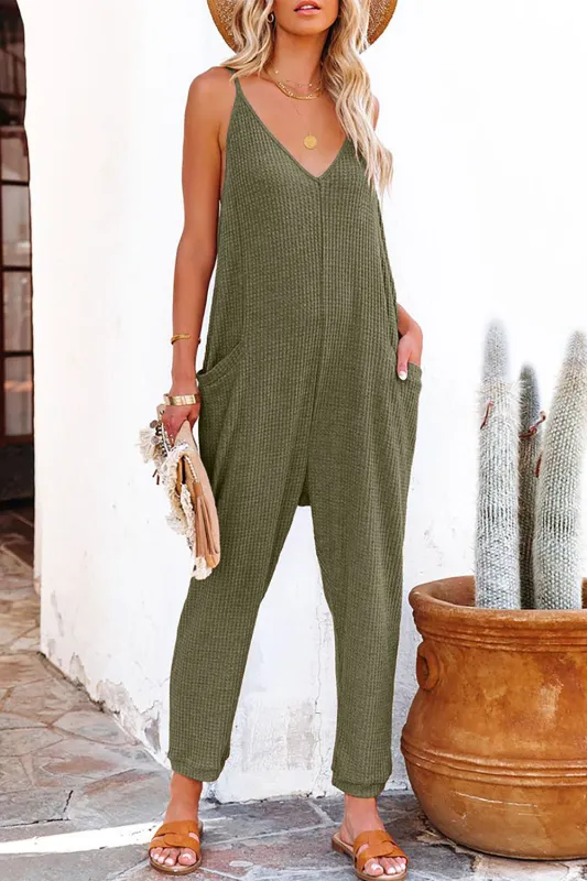 Textured Sleeveless V-Neck Pocketed Casual Jumpsuit sold by eAura