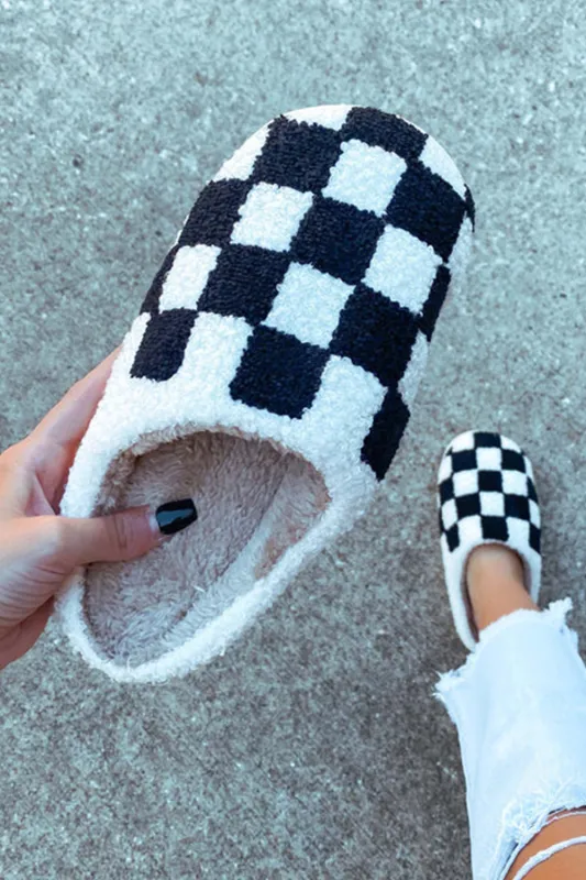Black Checkered Print Fuzzy Slip On Winter Slippers sold by eAura