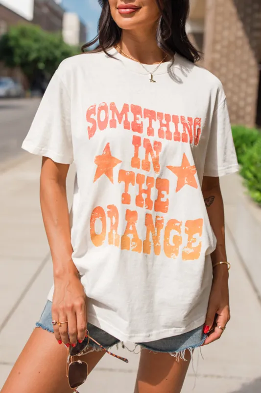 White SOMETHING IN THE ORANGE Graphic Crew Neck T Shirt sold by eAura