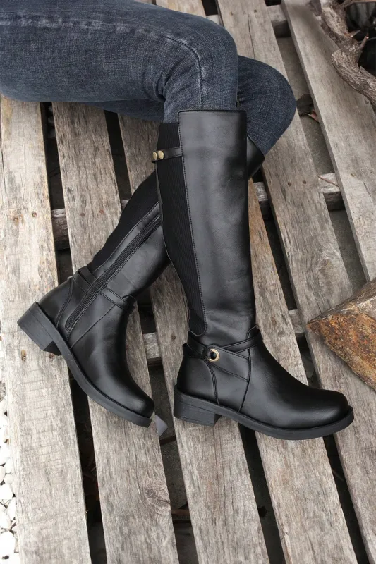 Black Side Zipper Knee High Chunky Low Heel Boots sold by eAura