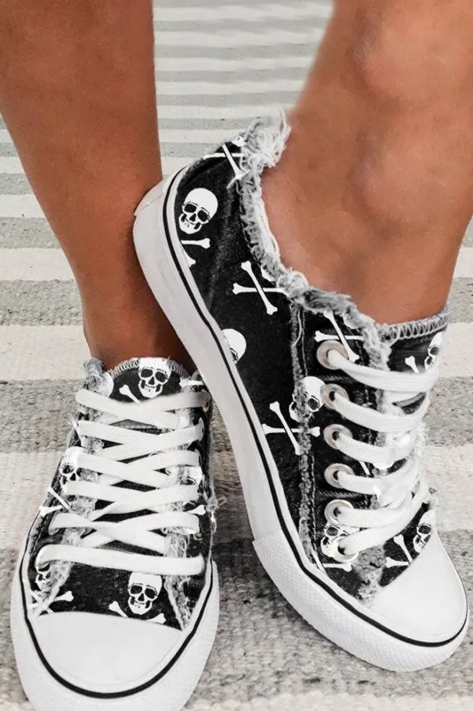 Black Skull Print Lace-up Canvas Trainers sold by eAura
