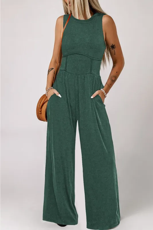 Blackish Green Cinched Waist Sleeveless Wide Leg Jumpsuit sold by eAura