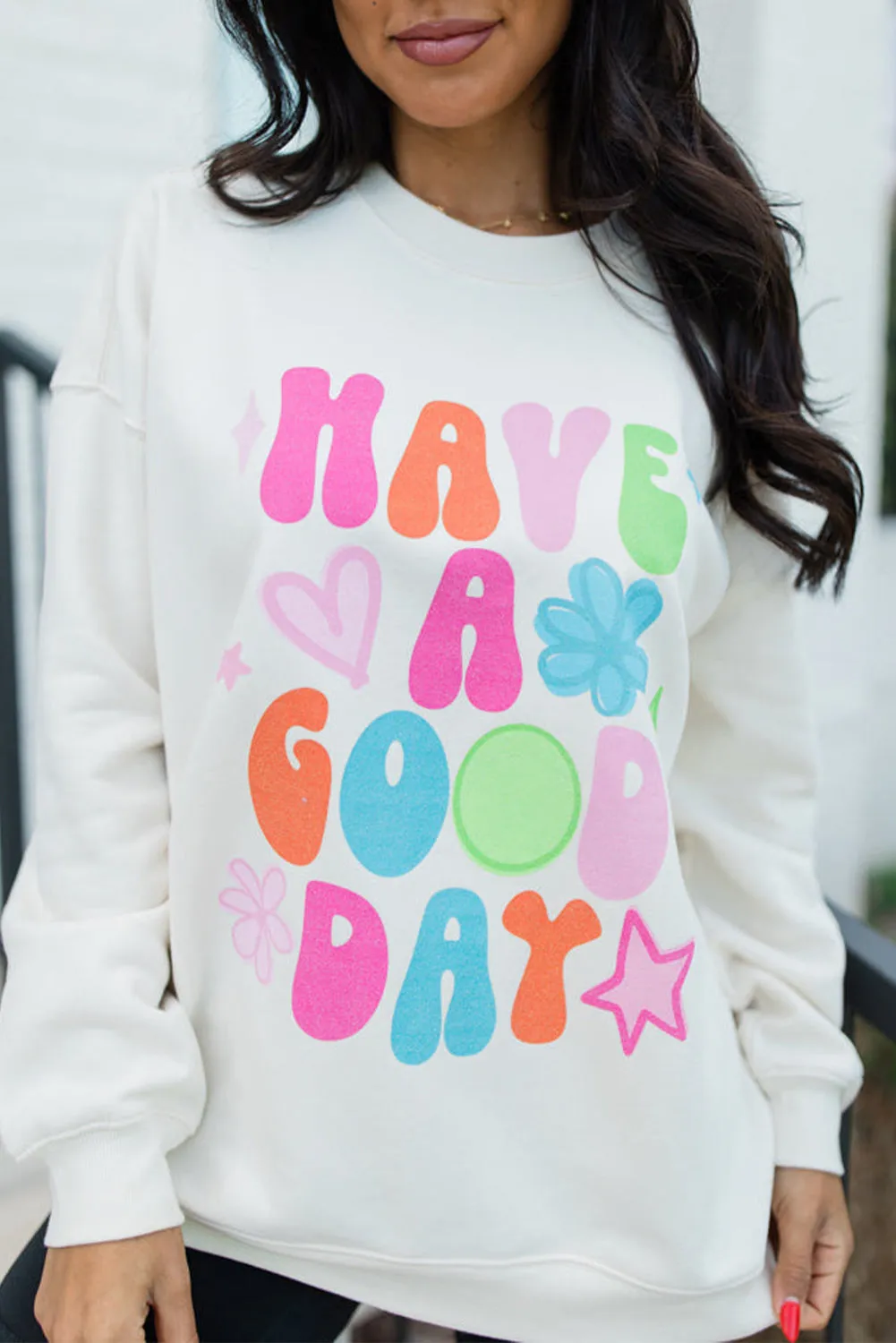 Beige HAVE A GOOD DAY Drop Shoulder Graphic Sweatshirt sold by eAura