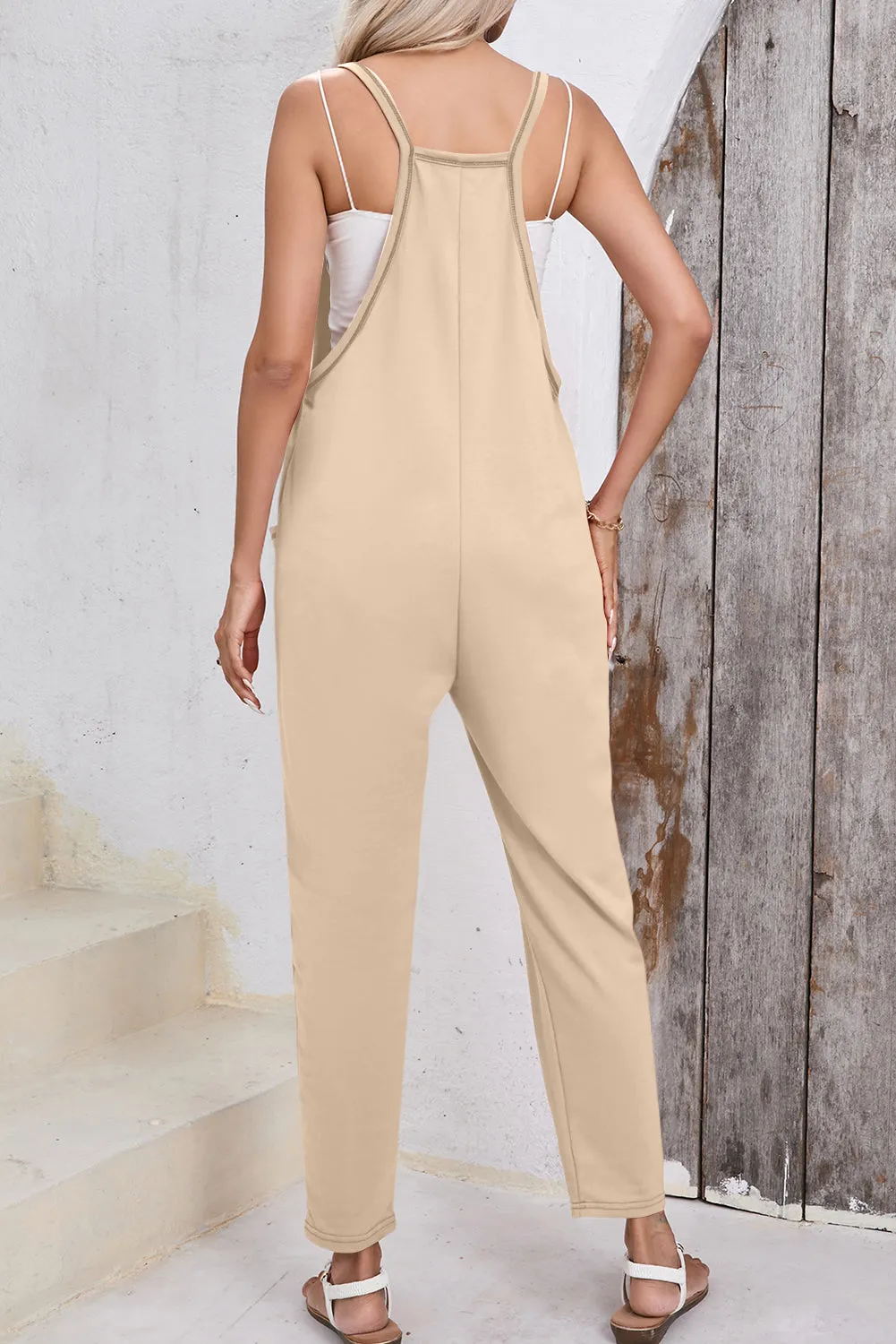 Apricot Side Pockets Harem Trousers Sleeveless V Neck Jumpsuit sold by eAura product image thumbnail 2