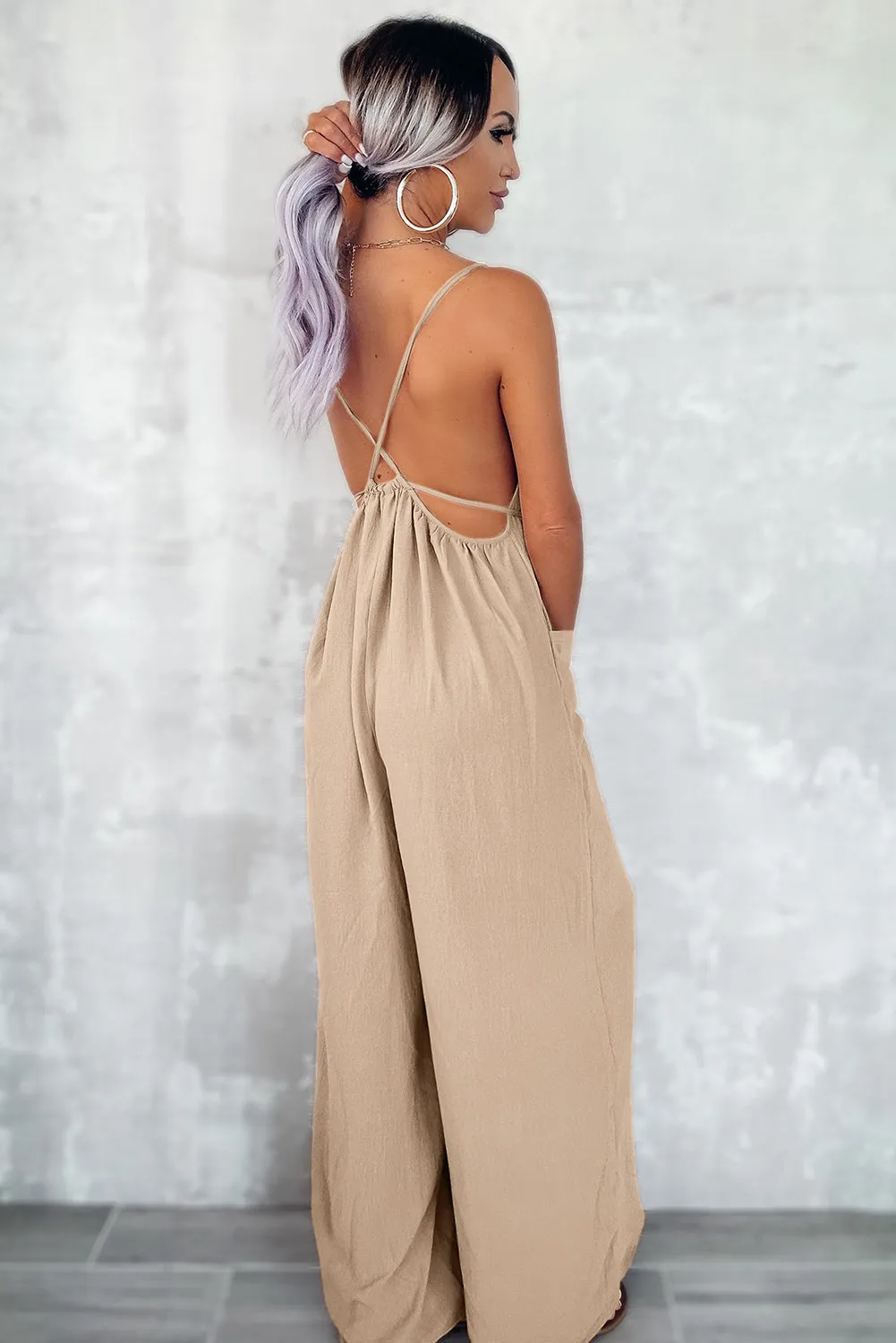 Chestnut Spaghetti Straps Waist Tie Wide Leg Jumpsuit with Pockets sold by eAura product image thumbnail 2