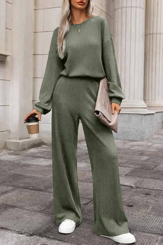 Laurel Green Solid Ribbed Knit Keyhole Back High Waist Jumpsuit sold by eAura