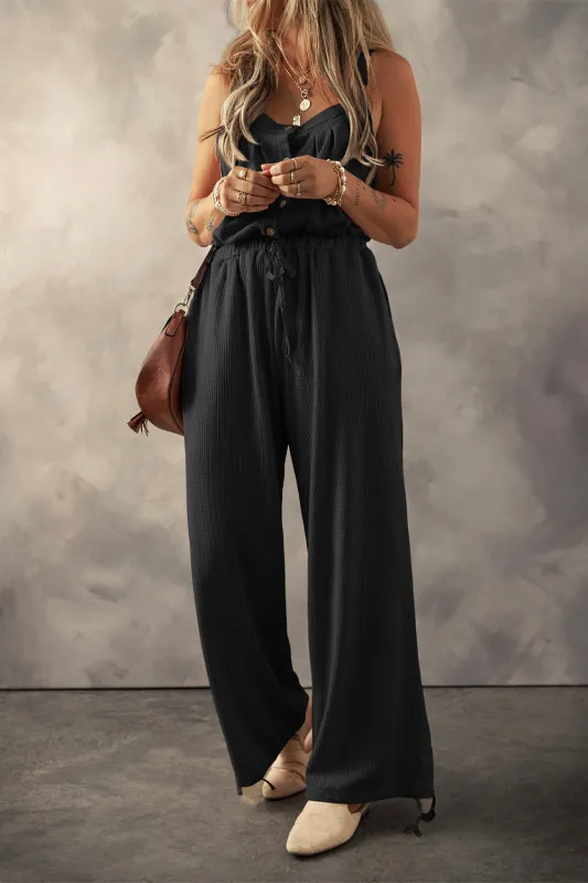 Black Knotted Straps Button Textured Drawstring Jumpsuit sold by eAura