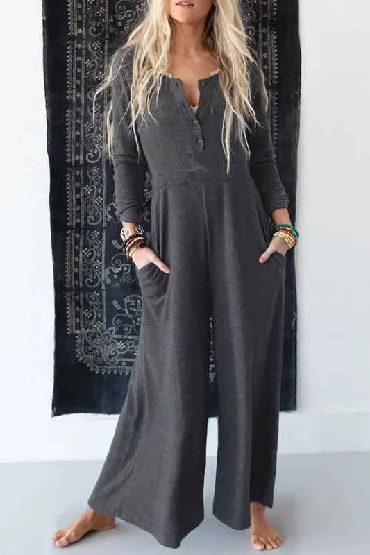 Grey Button Long Sleeve Wide Leg Jumpsuit sold by eAura