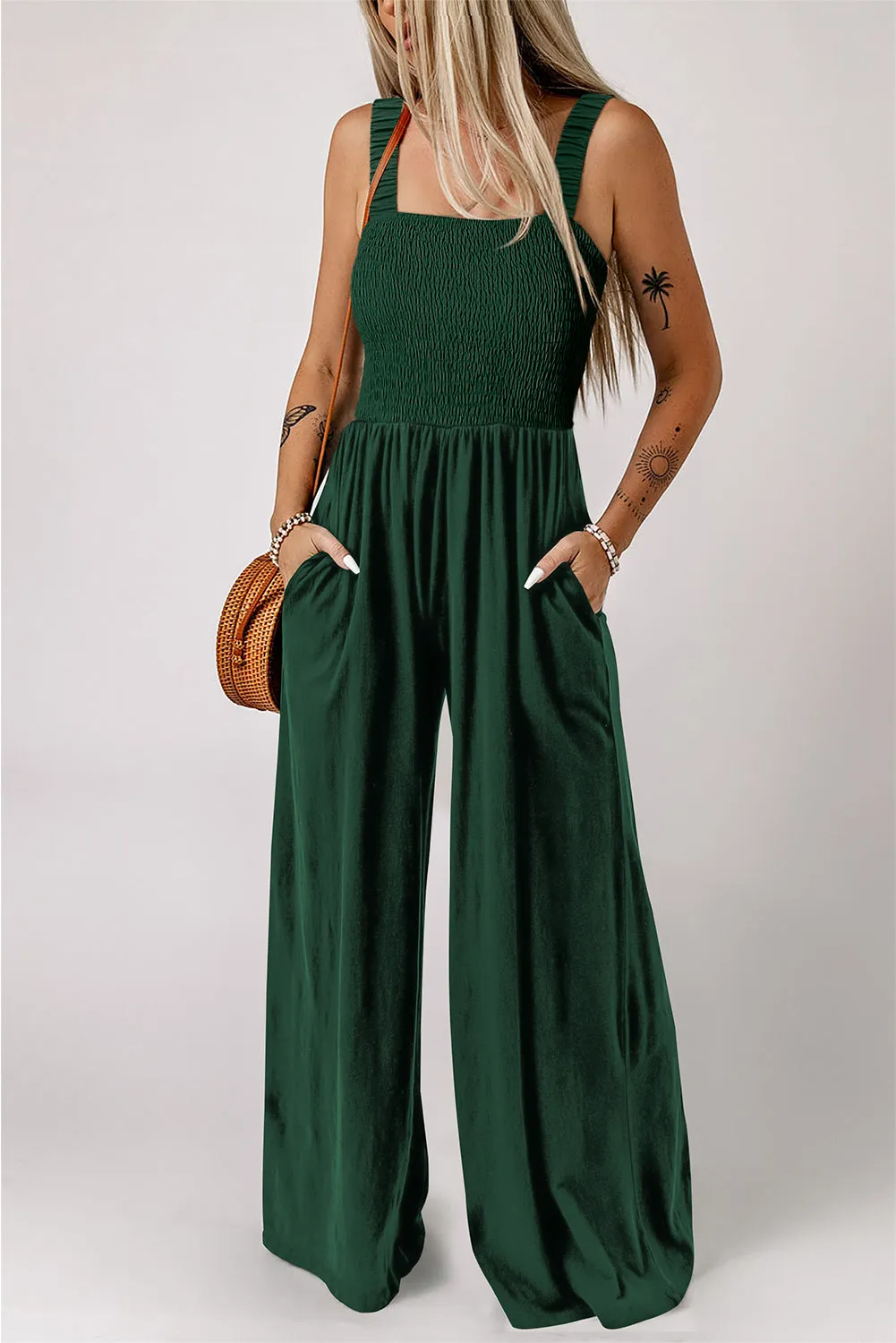 Green Smocked Sleeveless Wide Leg Jumpsuit with Pockets sold by eAura product image thumbnail 3