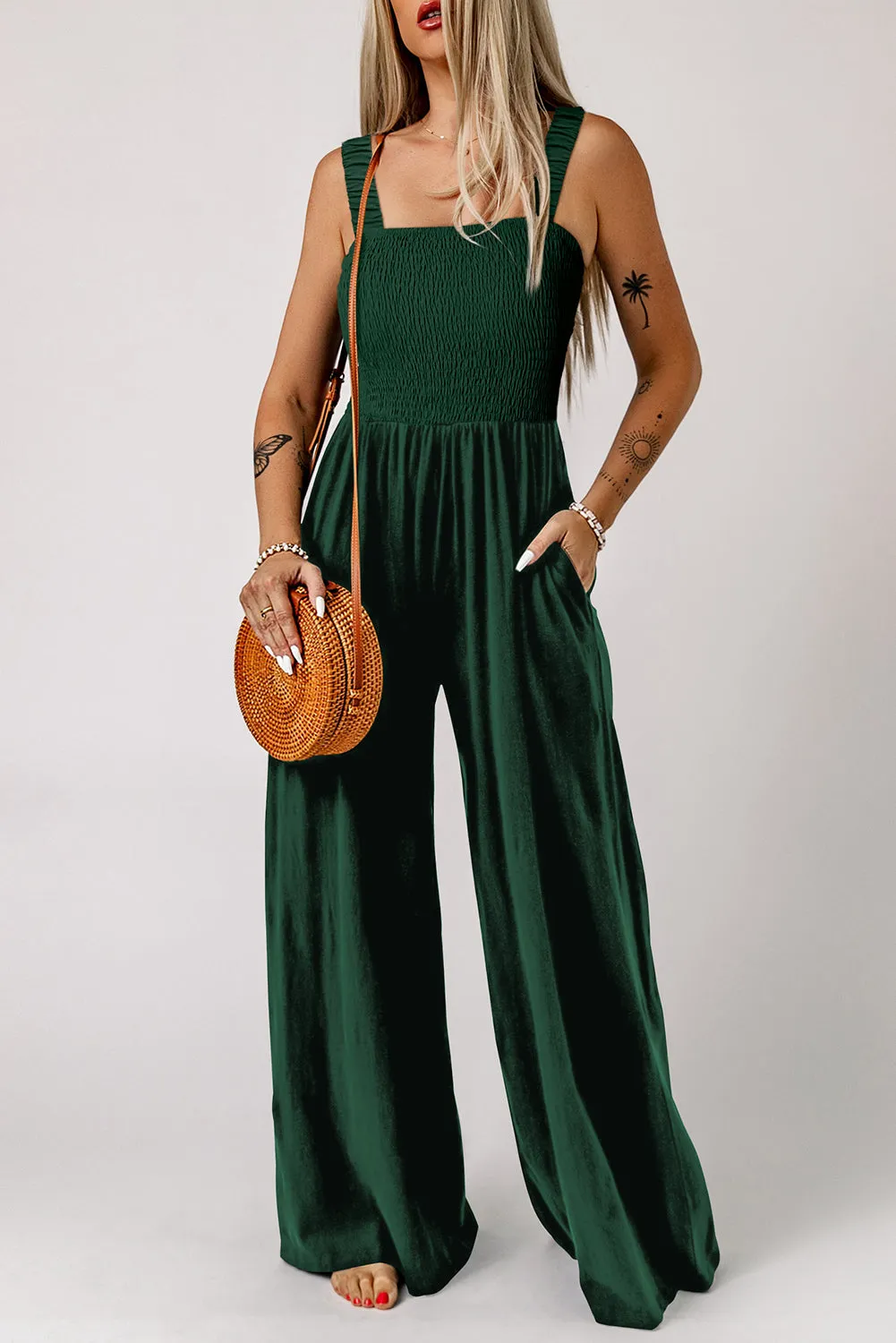 Green Smocked Sleeveless Wide Leg Jumpsuit with Pockets sold by eAura product image thumbnail 5