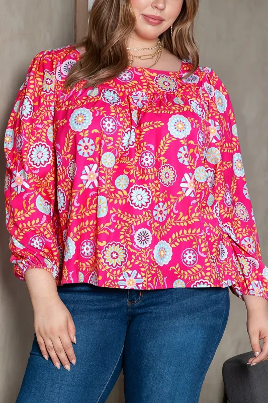 Pink Plus Size Square Neck Floral Blouse sold by eAura