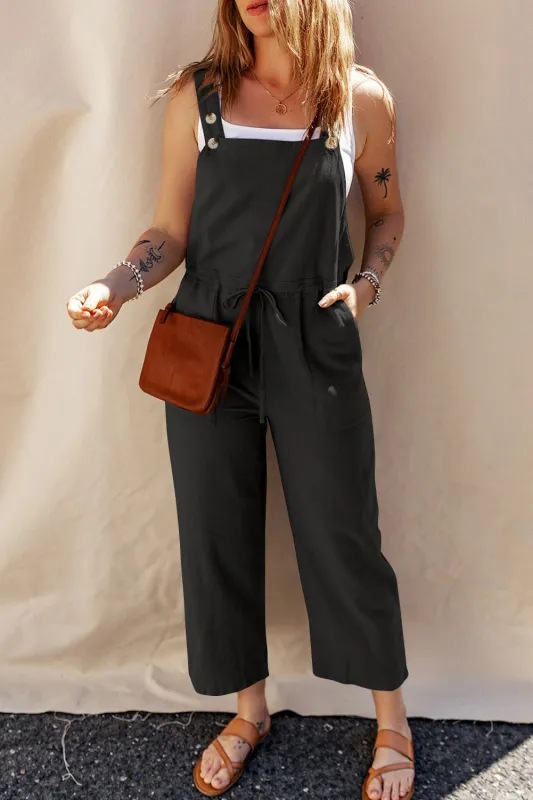Black Drawstring Buttoned Straps Cropped Overall sold by eAura