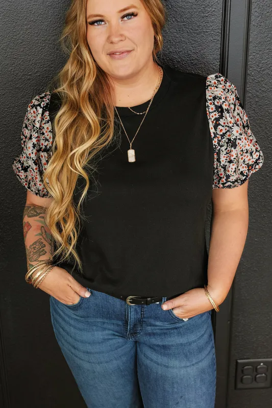 Black Daisy Printed Short Bubble Sleeve Plus Size Tunic Top sold by eAura