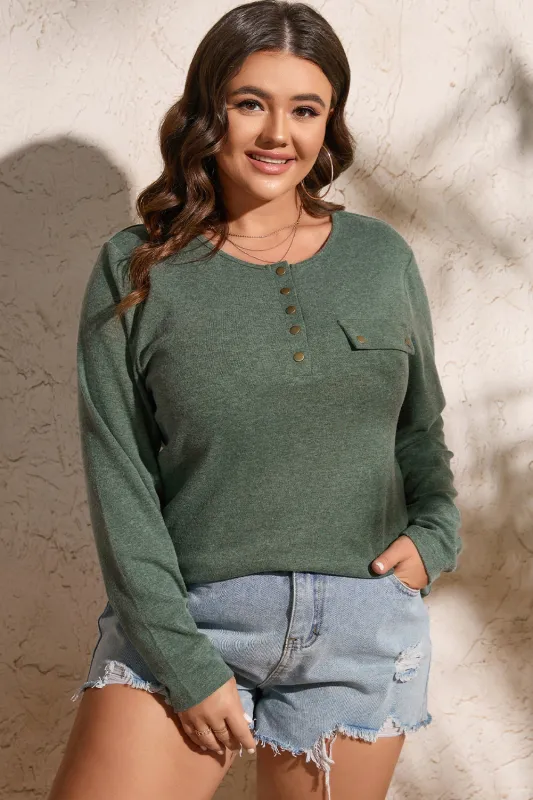 Mist Green Plus Size Snap Button Henley Top sold by eAura