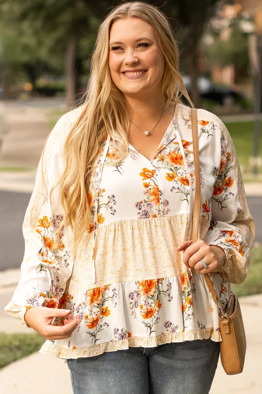 White Plus Size Floral Print V Neck Puff Sleeve Blouse sold by eAura