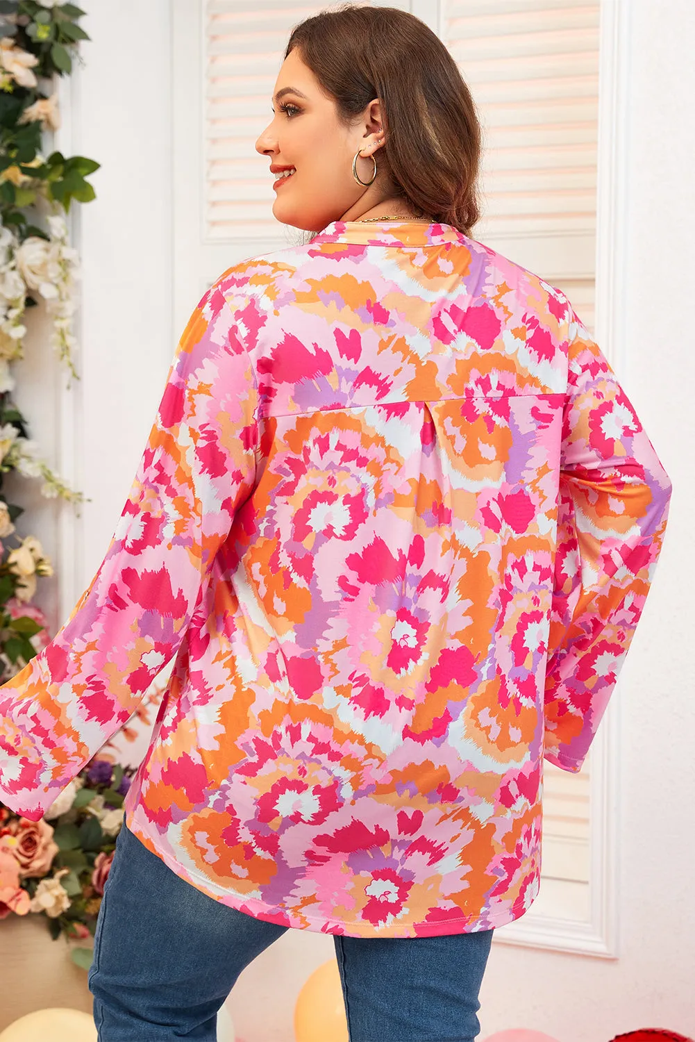 Pink Plus Size Abstract Floral Print V Neck Blouse sold by eAura product image thumbnail 2