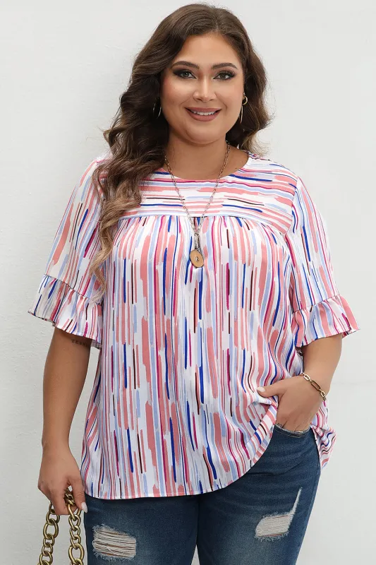 White Stripe Ruffled Short Sleeve Plus Size Blouse sold by eAura