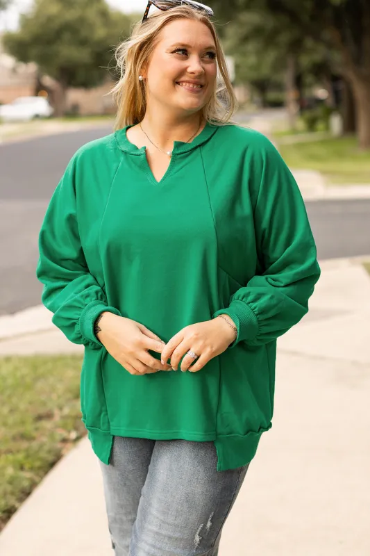 Bright Green Exposed Seam Notched Neck Drop Shoulder Plus Sweatshirt sold by eAura