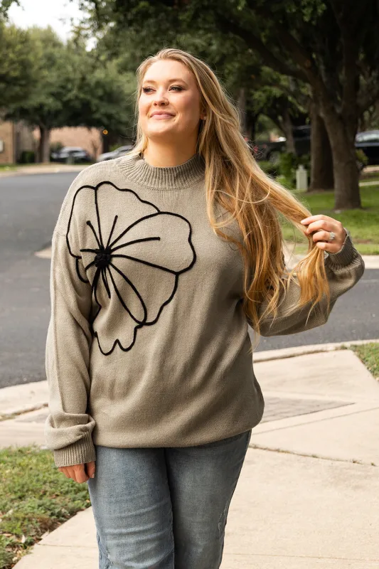 Dark Khaki Plus Size Big Flower Pattern High Neck Drop Shoulder Sweater sold by eAura