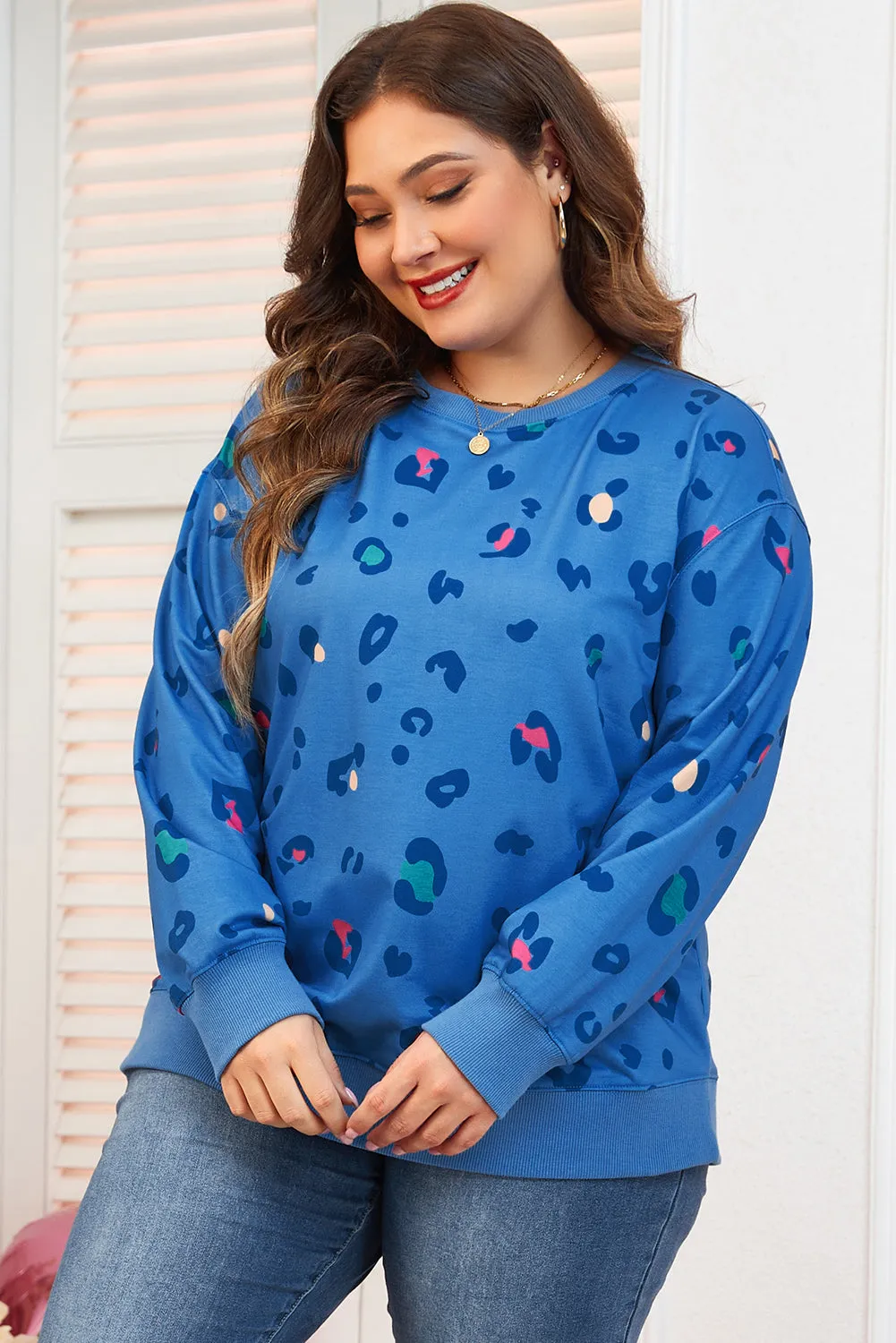 Sky Blue Leopard Ribbed Edge Drop Shoulder Pullover Sweatshirt sold by eAura product image thumbnail 3