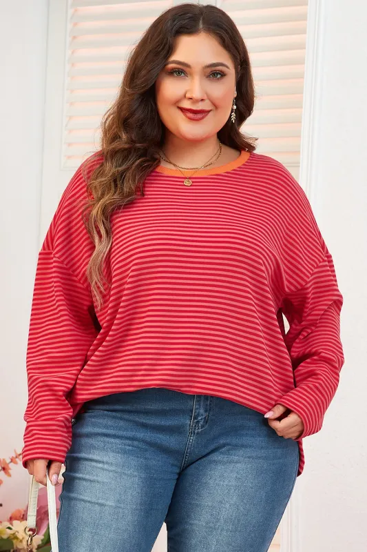 Orange Stripe Plus Size Drop Shoulder Long Sleeve Buttoned Decor Top sold by eAura