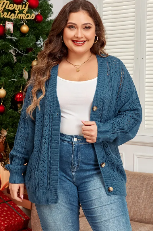Real Teal Open Knit V Neck Button Front Drop Shoulder Plus Size Cardigan sold by eAura