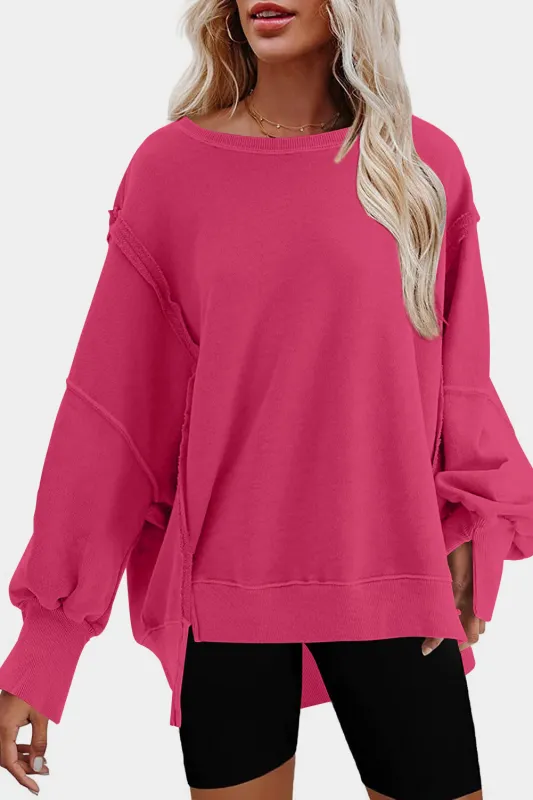 Rose Exposed Seam Drop Shoulder Slit High Low Hem Sweatshirt sold by eAura