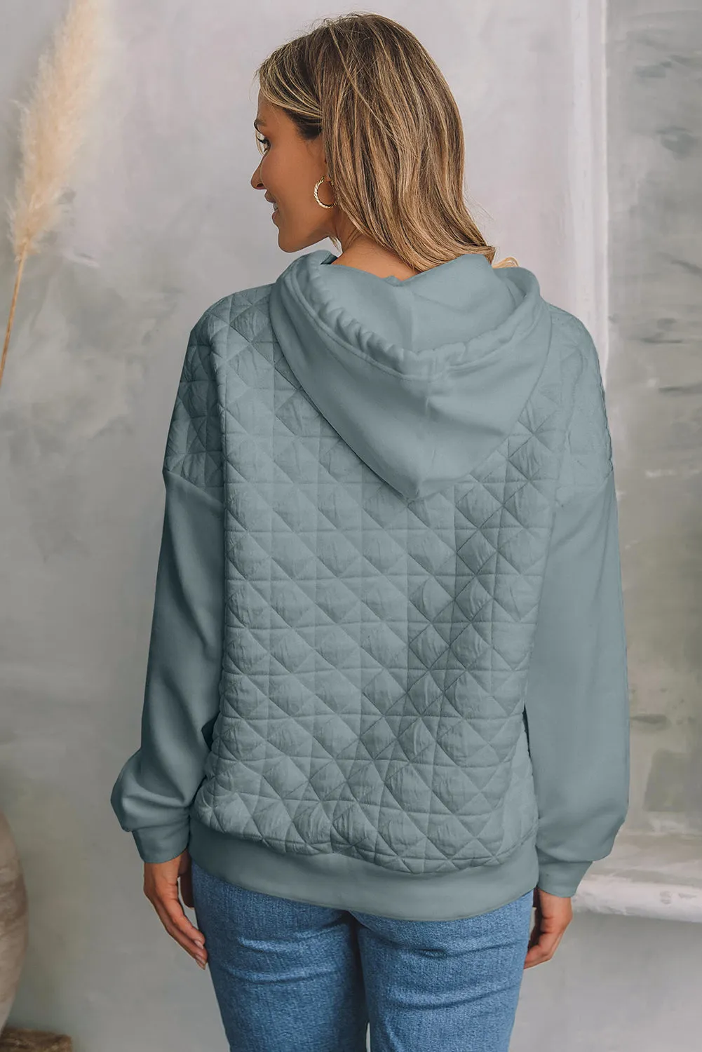 Light Grey Drop Shoulder Quilted Patchwork Kangaroo Pocket Hoodie sold by eAura product image thumbnail 2