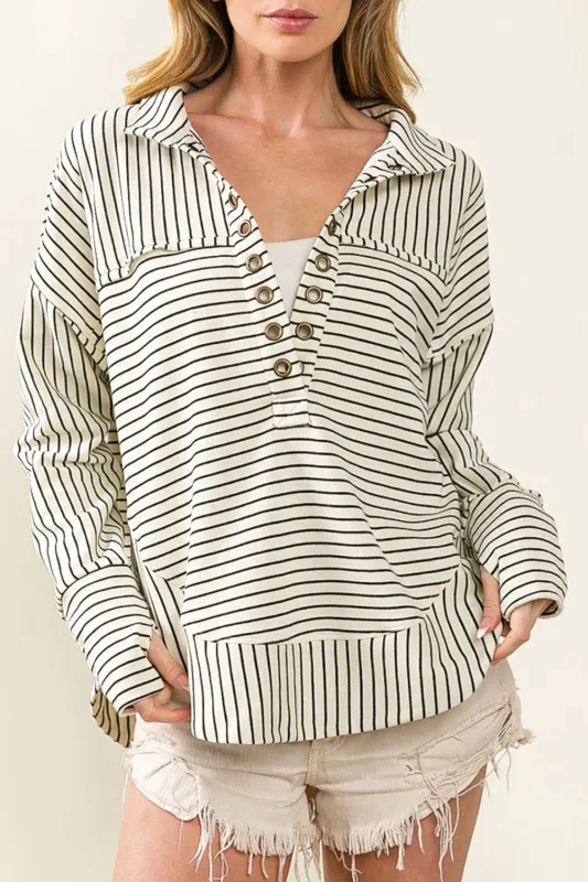 White Striped Thumbhole Drop Shoulder V Neck Top sold by eAura