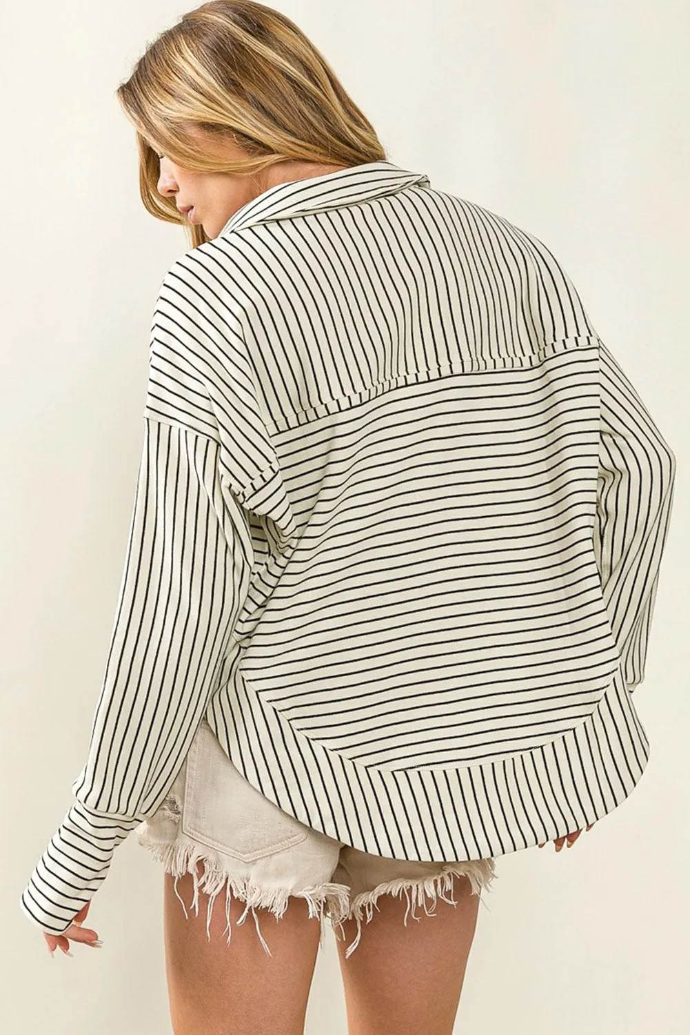 White Striped Thumbhole Drop Shoulder V Neck Top sold by eAura product image thumbnail 2