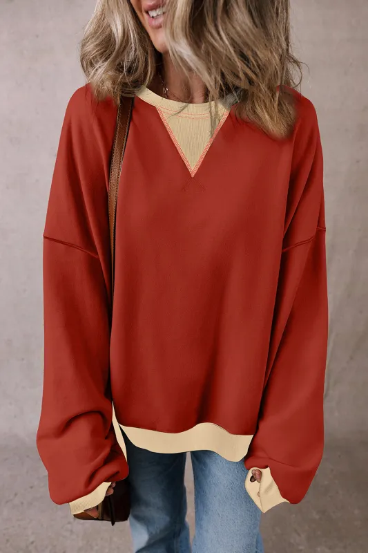 Red Clay Colour Block Patch Drop Shoulder Oversized Sweatshirt sold by eAura