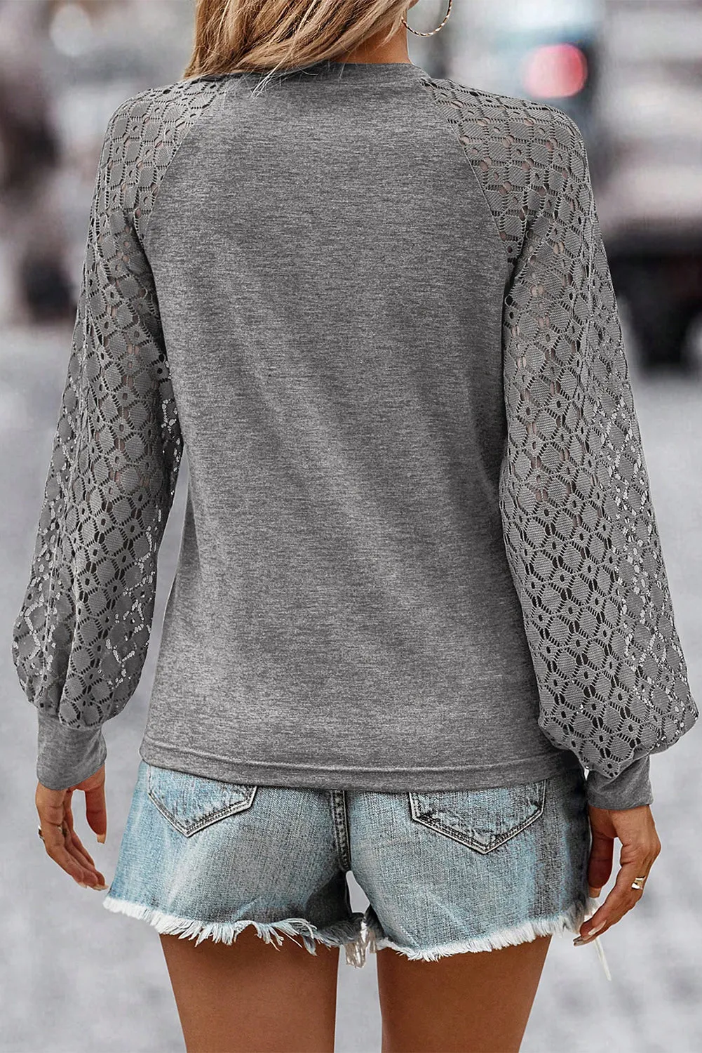 Grey Contrast Lace Raglan Sleeve Plicated Knit Top sold by eAura product image thumbnail 2