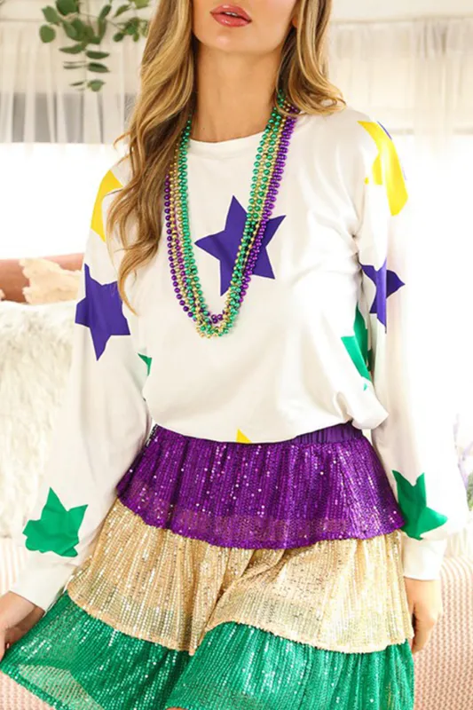 White Mardi Gras Star Printed Long Sleeve Top sold by eAura