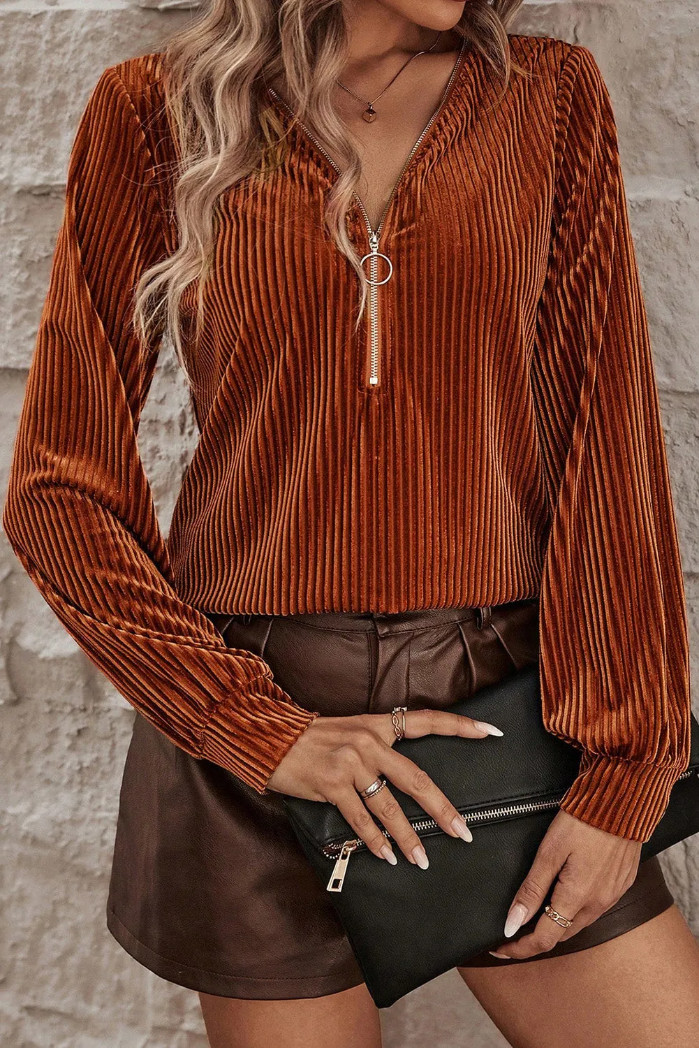 Chestnut Half Zip V Neck Ribbed Velvet Top sold by eAura