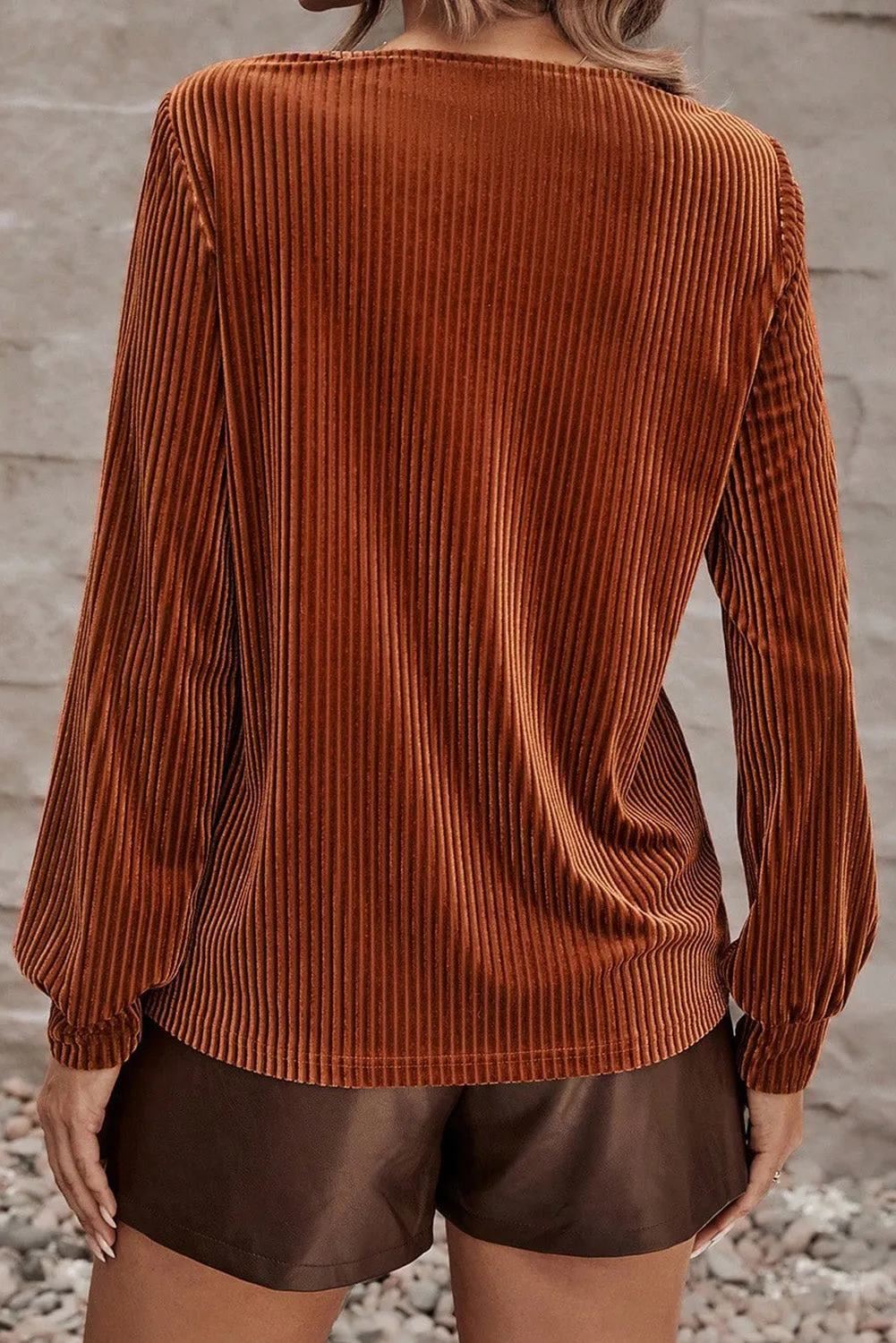 Chestnut Half Zip V Neck Ribbed Velvet Top sold by eAura product image thumbnail 2