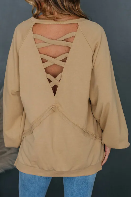 Light French Beige Solid Colour Lattice Hollow Out Back Sweatshirt sold by eAura