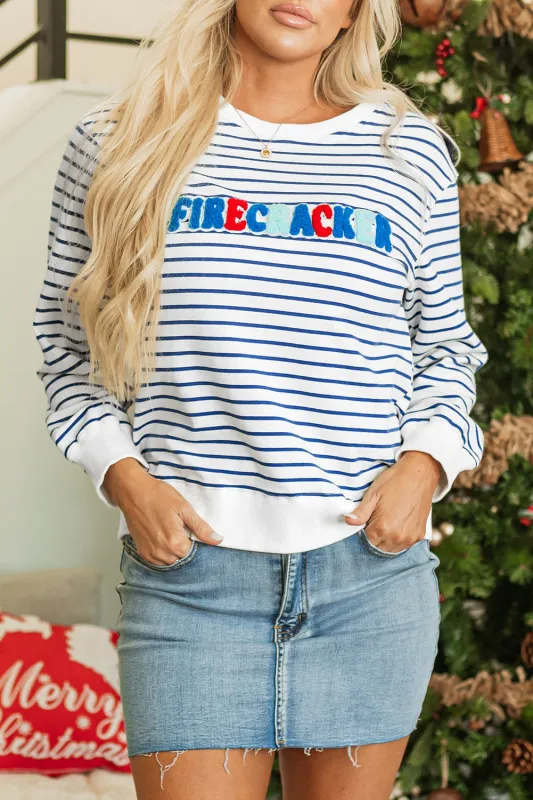 Blue Stripe Chenille FIRECRACKER Embroidered Sweatshirt sold by eAura
