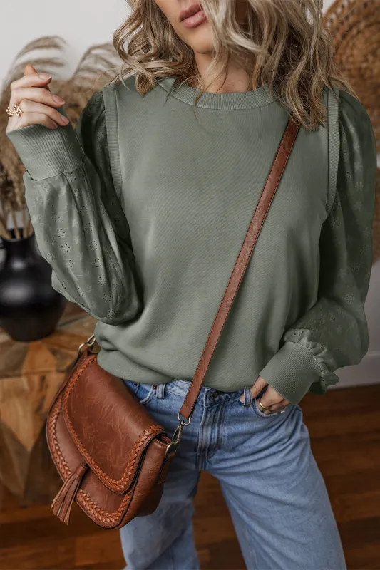 Greyish Green Solid Patchwork Sleeve Round Neck Sweatshirt sold by eAura